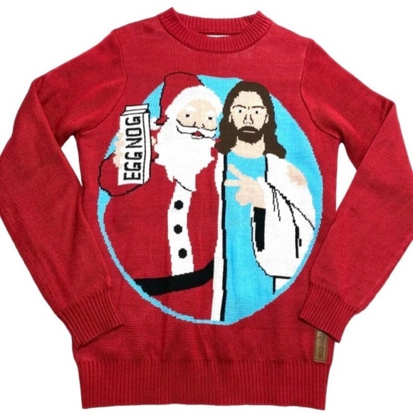 TIPSY Elves Santa with Jesus Egg Nog Christmas Ugly Sweater in Red - Picture 5 of 8